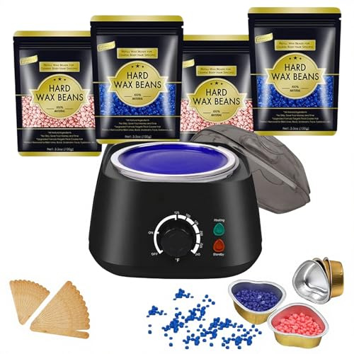 Professional Waxing Kit for Women & Men - 6 Adjustable Temperature Wax Warmer with 4 Packs Hard Wax Beads, 20 Applicators & 5 Bowls - Painless Hair Removal for Face, Legs, Bikini & Full Body