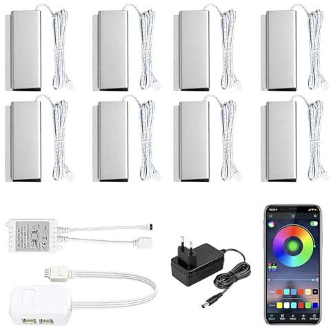 Set di 8 luci LED RGB 5050SMD, per vetrine, illuminazione per pavimenti in vetro, clip con alimentatore di rete da 12 V, con app controllabile, luce LED, per vetrine, tavolo