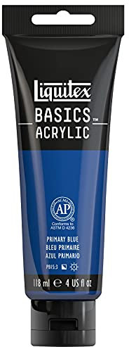 Liquitex 1046420 Basics - Acrylfarbe, monopigmentierte Künstlerpigmente, lichtecht, mittlere Viskosität, Achivqualität, seidenglänzender Finish, 118ml Tube, primärblau