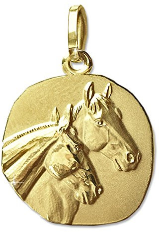 CLEVER SCHMUCK Goldener Damen Anhänger Pferd als Medaille 16 mm 2 Pferdeköpfe teilmatt ein Pferdekopf matt und der das andere Pferd glänzend 333 Gold 8 kart im Schmucketui