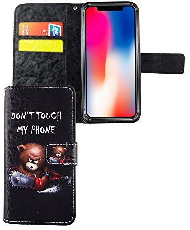 König Design Handyhülle Kompatibel mit Apple iPhone X Handytasche Schutzhülle Tasche Flip Case mit Kreditkartenfächern - Don't Touch My Phone Bär mit Kettensäge