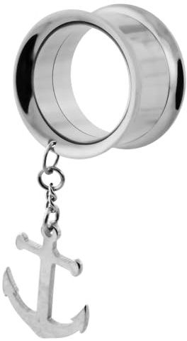 Monster Piercing 316L Chirurgenstahl Double Flared Tunnel | mit Anker Anhänger | Ohr Plug Tunnel Piercing Fleischtunnel | Durchmesser: 6MM bis 16MM | Silber