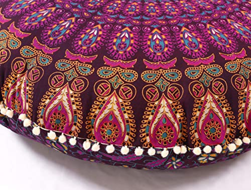 Popular Handicrafts Bodenkissenbezug, Hippie-Mandala-Kissenbezug groß mit Pompons weichen Partikeln, Pouf Bezug rund böhmisches Yoga-Dekor, 81 cm, Magenta