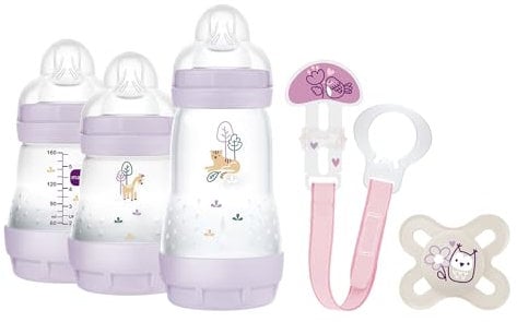 MAM, Newborn Baby Gift Set Includes: 2 x 160 ml Anti-colic Bottles, 1 x 260 ml Anti-Colic Bottle, 1 x Original Start Pacifier, 1 x Pacifier Clip, from 0 Months, Pink