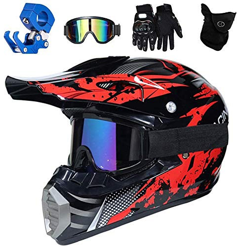 QYTK® Downhill Helm Kinder, Motocross Helm Schwarz Rot Full Face MTB Enduro Helm für Sport Quad Cross Motorrad Bike ATV Crosshelme Zubehör mit Brille Maske Handschuhe Helmhaken,M(54~55CM)