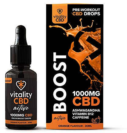 Vitality CBD Active Boost Drops with Vitamin B12, Caffeine, Ashwagandha, 1000mg of CBD, 30ml, Orange Flavour, NO THC