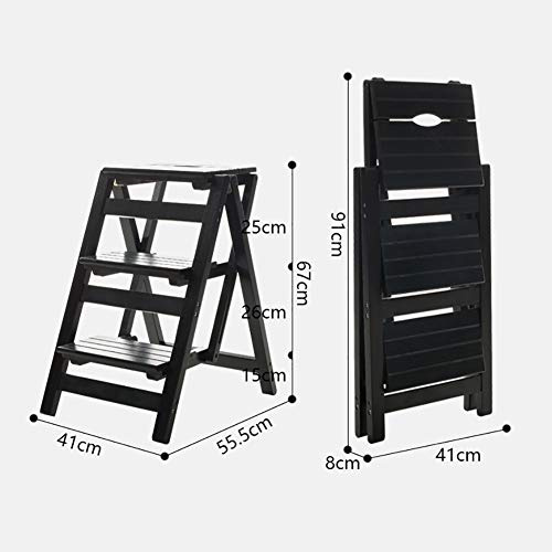 GJSN Schritt Hocker, Leiter Hocker 3-Stufen-Haushalt Massivholz-Folding 3-Tier-Leiter-Stuhl Aus Holz Indoor Blumenständer, 4 Farben Optional,Schwarz