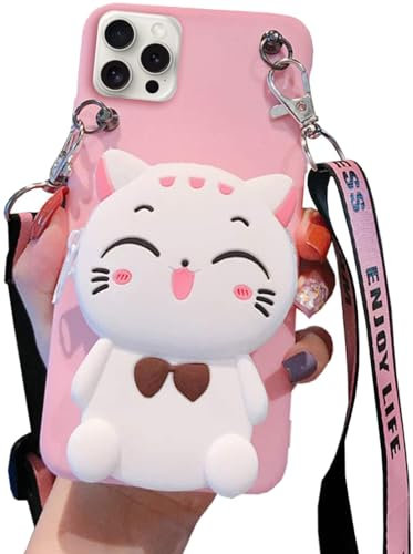 SGVAHY iPhone 12 Mini Case - Cute Kawaii Soft Silicone Shockproof Cover with Strap Lanyard Coin Purse - Cat Pink