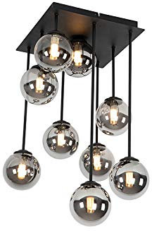 Qazqa - Landhaus I Vintage Moderne Deckenleuchte I Deckenlampe I Lampe I Leuchte schwarz 9-Licht mit Rauchglas - Athen I Schlafzimmer - Rund - LED geeignet G9