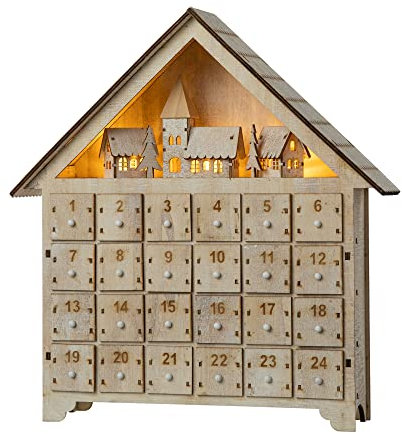 glitzhome Handgefertigter Countdown bis Weihnachten Holzhaus-Adventskalender mit Schubladen, LED-Lichtern