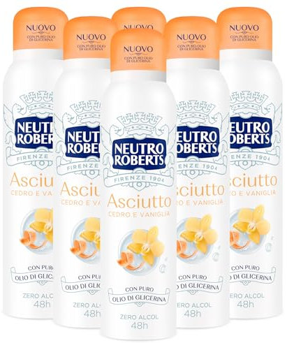 6x Neutro Roberts Deodorante Spray Asciutto Zero Alcol 48h Profumo Cedro e Vaniglia con Puro Olio di Glicerina - 6 Flaconi da 150ml