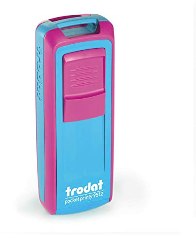 Trodat -Pocket Printy 9512 – Taschenstempel mit Wunschtext personalisieren, hier gleich online gestalten Gehäusefarbe fuchsiapink/türkis – Adresstempel - mit Wunschtext – 46X17 mm, 5 Zeilen -