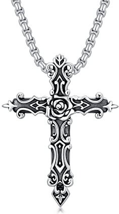 Shusukue Kreuz Anhänger Kette 925 Sterling Silber Rose Kreuz Vintage Halskette Kruzifix Kette Gothic Religiöse Schmuck Geschenk für Frauen Männer Mädchen Jungen (Rose Kreuz Halskette)