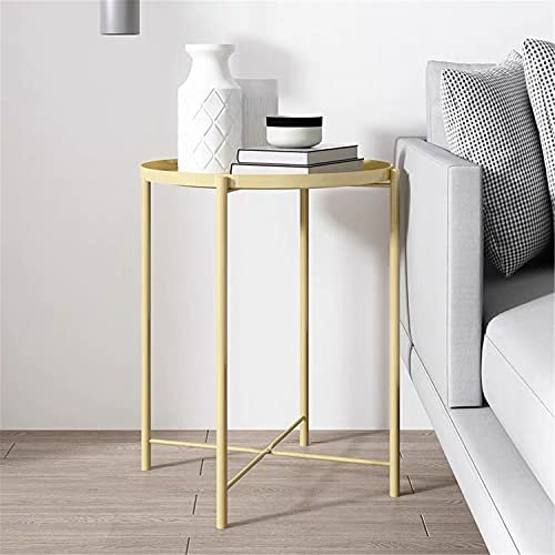 ZXFDM Couchtisch aus Metall, moderner Aufbewahrungssofa-Beistelltisch mit Tablett, runder Tabletttisch, Nachttisch, Wohnzimmer-Eck-Teetisch, für Balkon, Garten, Heimbüro, Schlafzimmer, Gelb