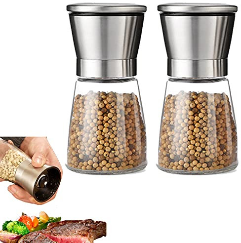 Salt and Pepper Grinder Set of 2, Stainless Steel Salt and Pepper Grinder Set,Premium Stainless Steel Spice Mill with Adjustable Coarseness, Ceramic Blades, Refillable Glass Body with 60Z Capacity