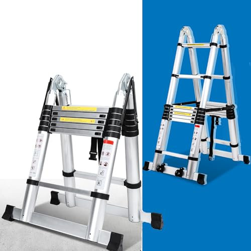 Teleskopleiter Klappleiter Aluminium mit Tragegriff, Yakimz 3,8(1,9+1,9) M Rutschfester Teleskop Mehrzweckleiter Tragbar Alu Leiter, Aluminiumleiter Maximale Tragfähigkeit 150kg/330 Pfund