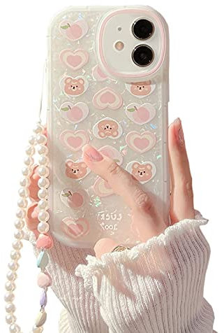 Ownest Compatible with 12 Case, Aesthetics Phone Case with Bear Love Heart Pattern for Girls Womens,Camera Protective Cute Phone Case for iphone 12 + Pearl Chain