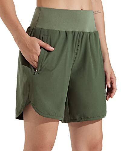 Libin Sporthose Damen Kurz 7'' Sport Shorts Laufhosen Atmungsaktiv mit Liner Sommer Hohe Taille Laufshort Running Jogging Kurze Hose, Armeegrün M