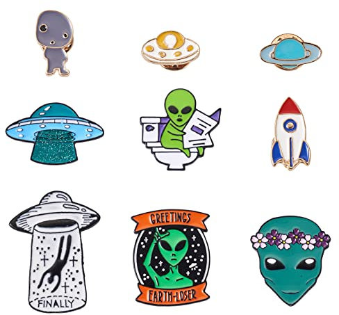 Spritewelry 9 Stück Aliens Emaille Pin Cartoon Brosche Niedliche UFO Rakete Brosche Lustige Pins für Kinder Kleidung Revers Rucksack Abzeichen Hut Tasche Dekoration Zubehör