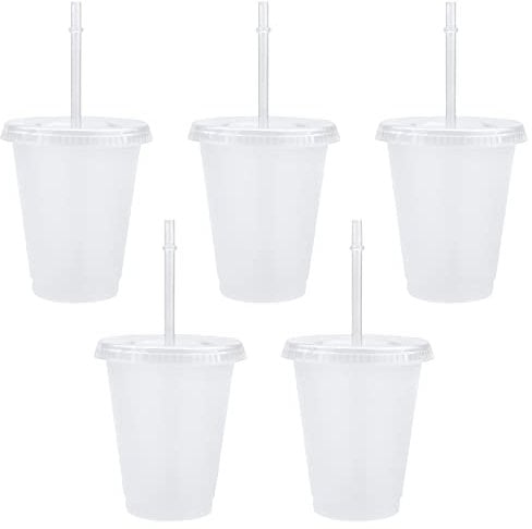 TSLBW 5 Pcs Reusable Plastic Cup Drinkware Tumblers Acrylic Cups with Lids and Straws Bulk Iced Cold Water Coffee Travel Mug Party Tumbler, 500ml Transparent (bg144)