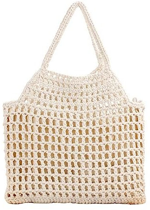 KAISHIN Sommer Neue Mesh Baumwolle Einkaufstasche Frauen Solide Stroh Strand Einkaufstasche, beige, Width 30cm(11.8 inches), Height 28cm(11.0 inches), Strap 14cm(5.5 inches)