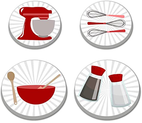 Walarky Kitchen Utensil Pattern Round Metal Hob Covers 4-Piece Stove Plate Cooker Hob Covers for Cookers Top Burner Protector Kitchen Cookware Accessories Modern Cooktop Kitchen Decor