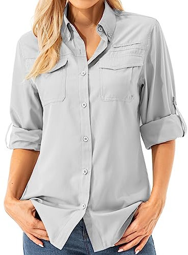 Asfixiado Chemise de randonnée aérée pour femme, manches longues, protection solaire UPF 50+, séchage rapide, parfaite pour le safari et les activités extérieures, gris, L