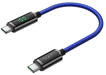 SOOPII 100W USB C to USB C Cable,1FT Nylon Braided Type-C Cable with LED Display for lPhone 15/15 Plus, MacBook Pro, Galaxy S22/S10, Pixel, LG (Blue)