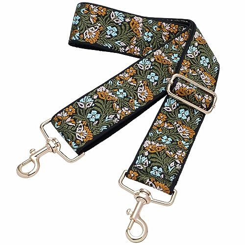 Nefelibata Purse Strap,2 Wide Purse Strap Adjustable Replacement,Multi-pattern Crossbody Handbag Strap, Green Flower Embroidery