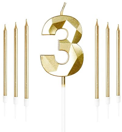 Yiran Gold 3rd Birthday Candles Set - Number 3 & Long Gold Candles for Cake Toppers, Birthday Parties & Anniversaries