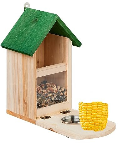 Relaxdays Eichhörnchen Futterhaus, Holz, Eichhörnchenfutterstation mit Maiskolbenhalter, Napf, Sitzplattform, Natur/grün, 1 Stück