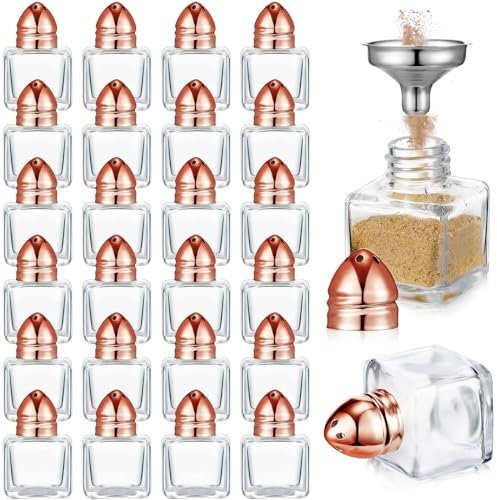 Uiifan Lot de 24 petites salières et poivrières en forme de cube de 14,2 g avec dessus ton en verre transparent avec entonnoir pour fête de mariage, maison, restaurant, cuisine (or rose)
