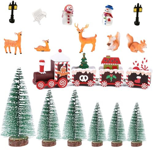 (17 Pcs) Mini Adorno Navidad en Miniatura Tren Navidad Madera Mini Arbol de Navidad Mini Figuritas de Navidad Resina Reno de Navidad en Miniatura DIY Ornamentos Decoración Mesa Chimenea Estante