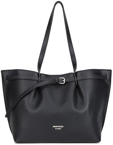 Princely London Shopper Nicole - Schwarze Mittlere Damen Handtasche aus Hochwertigem Veganen Leder, Perfekt für Arbeit, Schule und Freizeit, Elegant und Praktisch mit Reißverschluss & Schulterriemen