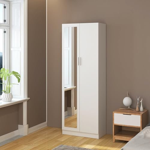Wooden 2 Door Mirrored Wardrobe with Hanging Rail Modern Clothes Storage Cupboards Unit for Bedroom Furniture W 72 x D 47 x H 170 cm (White)
