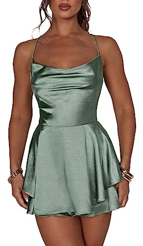 Miolasay Frauen Rückenfrei Kurz Strampler Satin Kleid Sexy Wasserfallausschnitt Kurze Jumpsuits Krawatte Rüschen Schicht Spaghetti Strap Minikleid, A-Blaugrau, 36