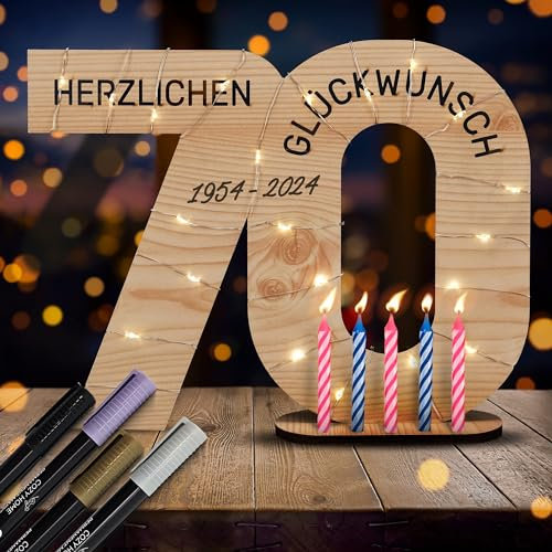CozyHome Holz Gästebuch 70 Geburtstag Deko - Inkl. Lichterkette + 6 Kerzen & 4 Stifte I Deko 70 Geburtstag Mann 70. Geburtstag Frau 70. Geburtstag Mann Geschenk Deko 70 Geburtstag Frau Geschenke