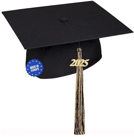 KEPI - Abschluss Hut, Doktorhut, Europäischer Hersteller, Graduation Hut im Universalgröße, Verstellbereich 54-61 cm, Quaste mit Datumsanhänger 2025, Abschlusshüte in 18 Farben - Schwarz und Gold