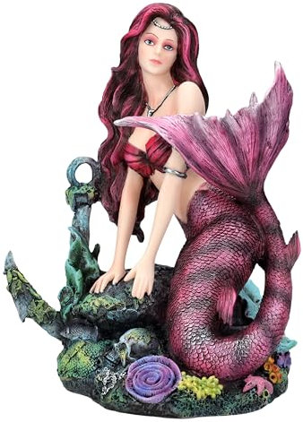 Pacific Giftware Meerjungfrauen Figur 'Morana auf Meeresgrund' 20cm - Rosafarbene Haare, Korallen & Anker, Fantasy Deko Elfe