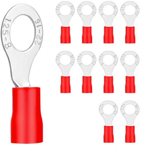 20x Ringkabelschuhe 0,5-1,5 mm²rot Loch-Ø M8 Kabelschuhe Quetschverbinder Teillisoliert PVC Kabel-Verbinder aus Kupfer verzinnt