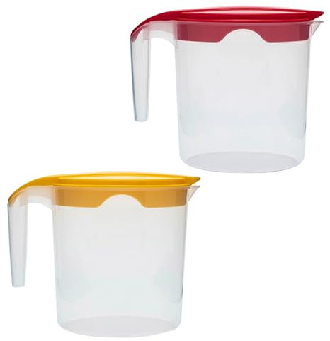 Set of 2 Plastic Water Jug with Lid 1 Liter Milk Juices Drinks Fridge Jug Ideal for Everyday Use Indoor Outdoor Party (Red & Yellow)