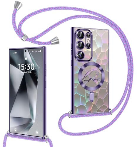 Kokio Magnetische Glitzer Handykette für Samsung Galaxy S24 Ultra 5G Hülle mit Band [Kompatibel mit MagSafe] Kameraschutz Handyhülle für Frauen Mädchen Silikon Schutzhülle für Samsung S24 Ultra Lila