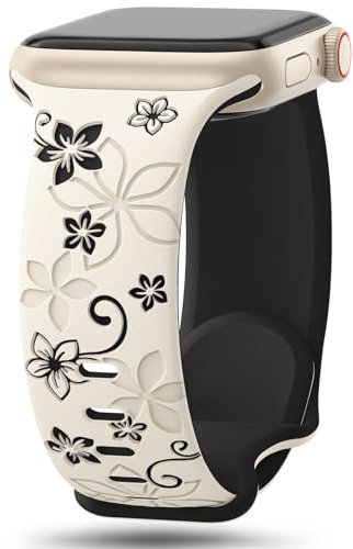 Floral Engraved Straps Compatible with Apple Watch Straps 41mm 40mm 38mm 42mm(Series 10) for Women,Cute Flower Bands Soft Silicone Sport Strap for iWatch Series 10 9 8 7 6 5 4 3 2 1 SE