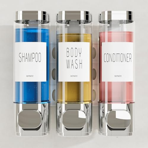 VITVITI Seifenspender Wandbefestigung ohne Bohren, 3 Kammern Shampoo Spender, 300 ml Duschgelspender aus Kunststoff, Shampoo Spenderflasche für Küche Badezimmer Dusche Hotel (Silber)