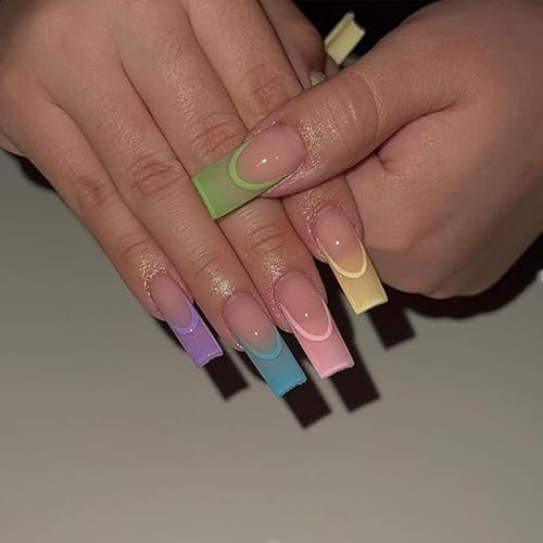 24PCS Long Square False Nails - Fake Press On Nails Colorful French Press On Nail with Glue - Stick on Nails for Women and Girls (Candy French)
