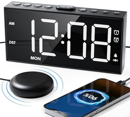 Digitaler Wecker, Lauter Vibrationswecker mit Bettschüttler, Wecker Laut für Tiefschläfer, Großes Display, Einstellbare Lautstärke & Helligkeit, Doppelalarm, Snooze, USB-Ladegerät, Einfache Operation