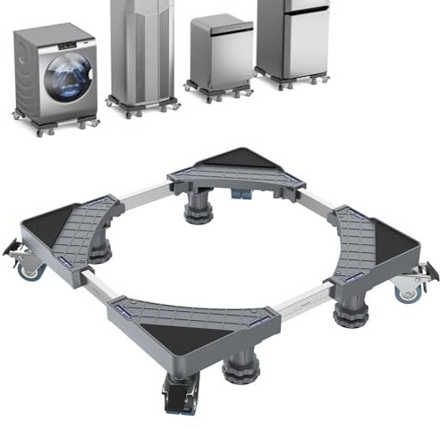 Waschmaschinen Untergestell mit 4 Füßen & 8 Feststellbaren Räder, Beweglich Waschmaschinensockel Podeste & Rahmen für Trockner, Kühlschrank Bärenlast 500KG(Grau, Einstellbare: 45.5-70cm)