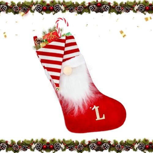 Alederways Weihnachtsstrümpfe, 55cm rote Mütze Monogramm gestrickt Xmas Santa Bart personalisierte bestickte Strümpfe für Weihnachtsbaum Dekor Kinder Erwachsene (L)