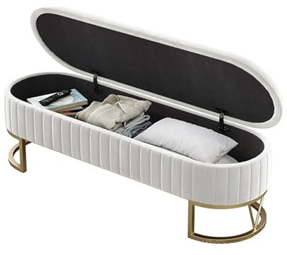 Storage Ottoman End of Bed Bench - Upholstered Velvet Long Window Seat with Gold Legs, Flipping Lid Footrest for Living Room Bedroom Entryway, Withstands 330lbs (White, 80cm)
