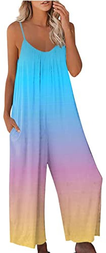 Jumpsuit Hochzeit Overalls für lose ärmellose verstellbare Spaghetti-Träger Dehnbare Overalls breite Beintaschen Strampler Latzhose Damen Weiß (Sky Blue, XL)